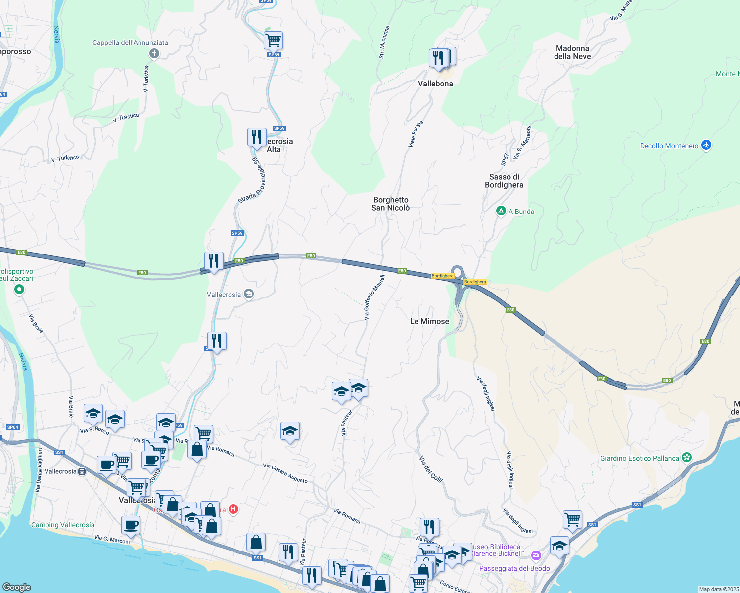 map of restaurants, bars, coffee shops, grocery stores, and more near 46 Via Goffredo Mameli in Bordighera