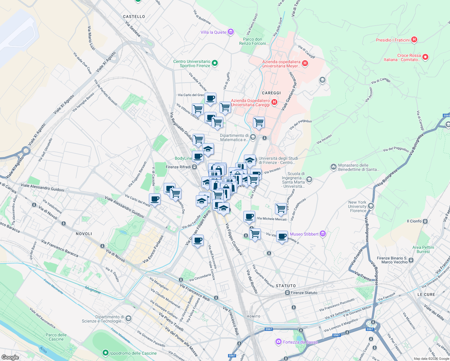 map of restaurants, bars, coffee shops, grocery stores, and more near 12 Via di Santo Stefano in Pane in Florence