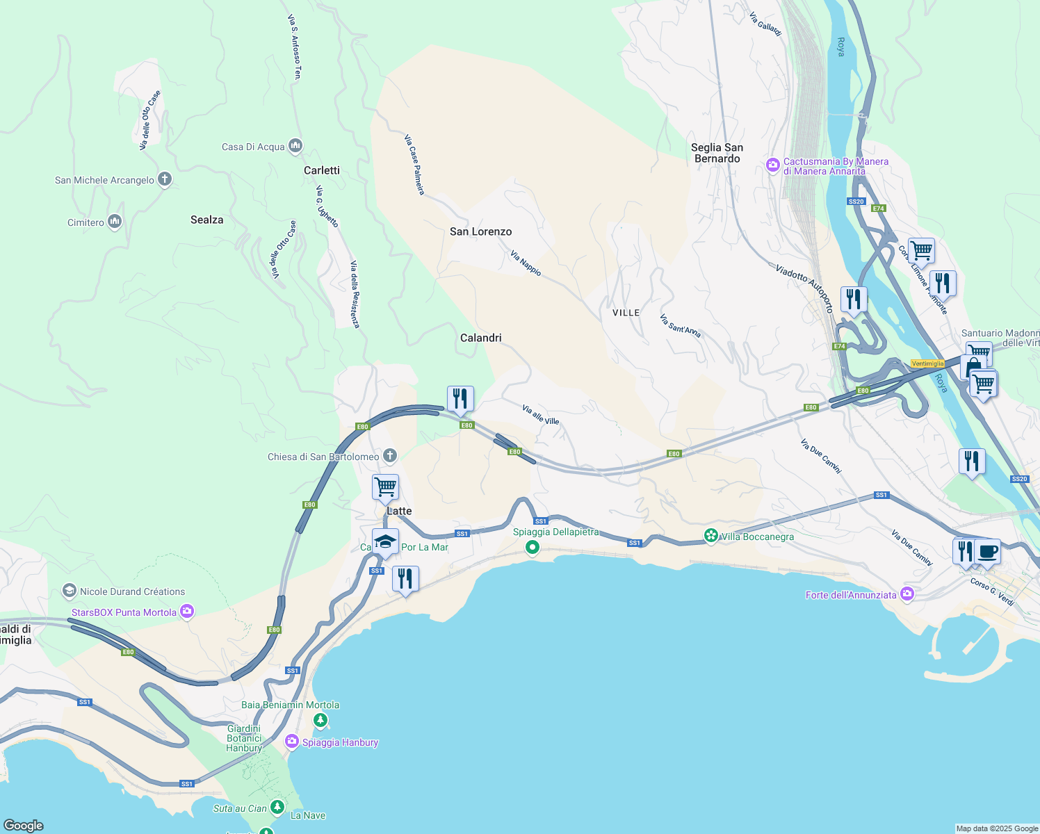 map of restaurants, bars, coffee shops, grocery stores, and more near 115 Via alle Ville in Ventimiglia
