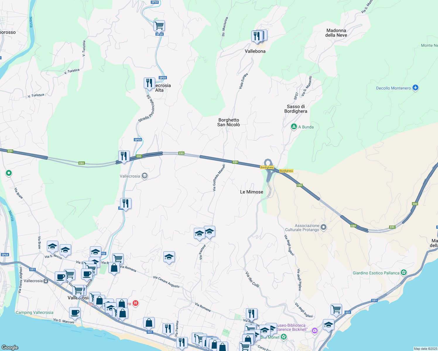 map of restaurants, bars, coffee shops, grocery stores, and more near 46 Via Goffredo Mameli in Bordighera