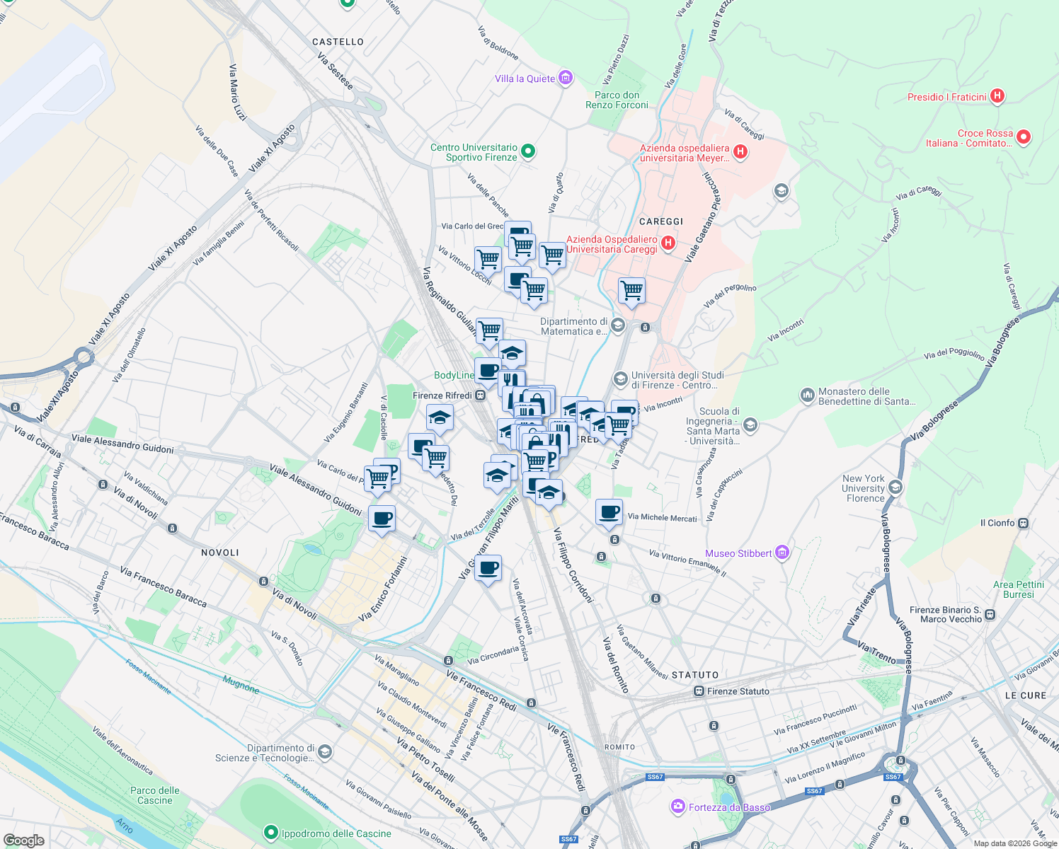 map of restaurants, bars, coffee shops, grocery stores, and more near 72 Via Reginaldo Giuliani in Firenze