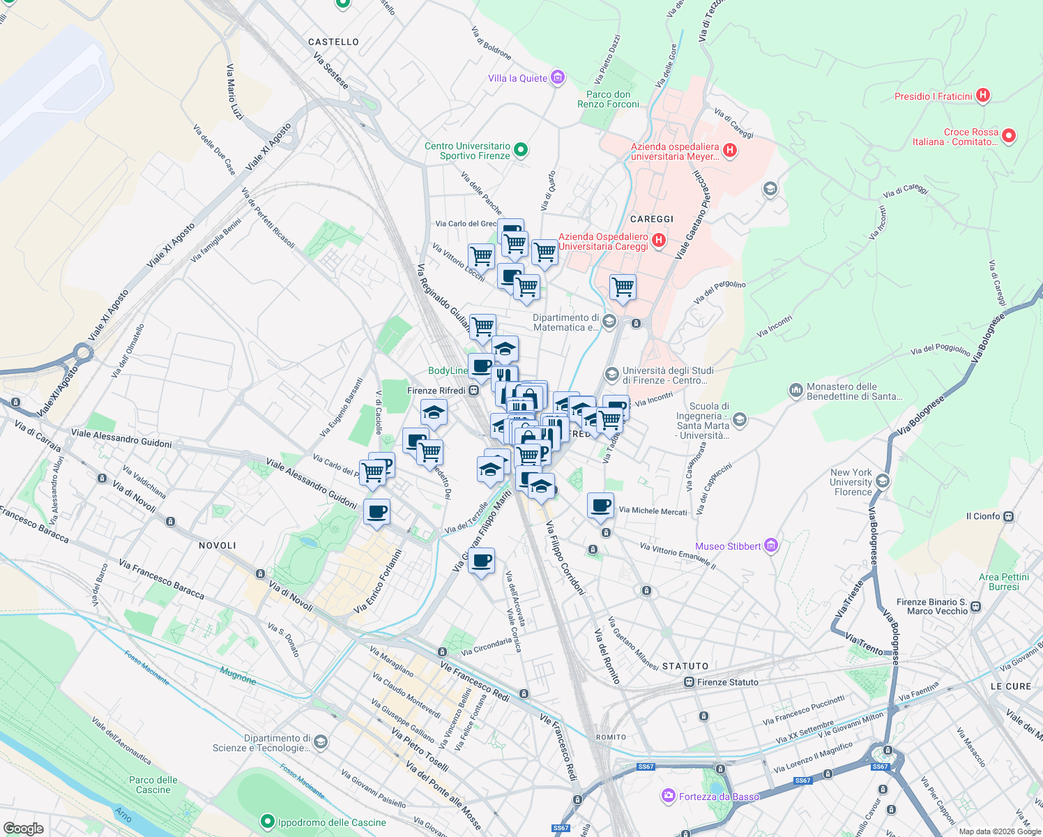map of restaurants, bars, coffee shops, grocery stores, and more near 72 Via Reginaldo Giuliani in Firenze