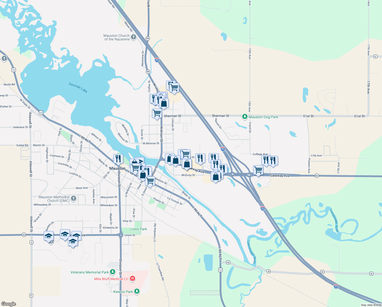 map of restaurants, bars, coffee shops, grocery stores, and more near 527 Jefferson Street in Mauston