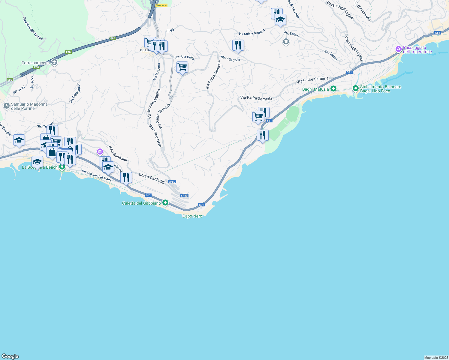 map of restaurants, bars, coffee shops, grocery stores, and more near 338 Corso Guglielmo Marconi in Sanremo