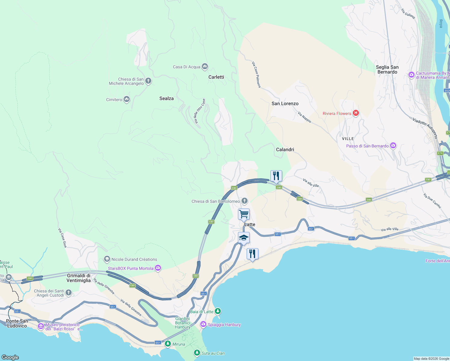 map of restaurants, bars, coffee shops, grocery stores, and more near 19 Località Casette in Latte