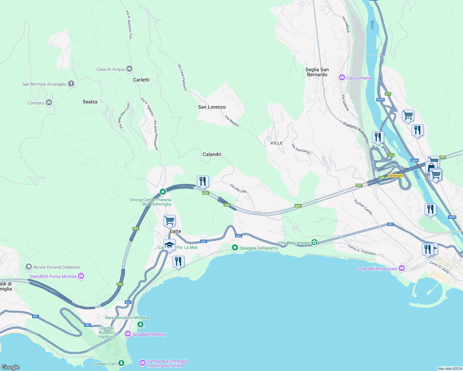 map of restaurants, bars, coffee shops, grocery stores, and more near 113 Via alle Ville in Latte
