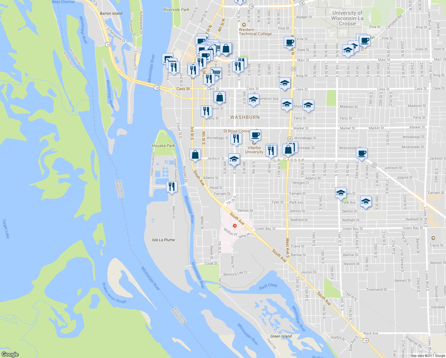 map of restaurants, bars, coffee shops, grocery stores, and more near 1202 6th Street South in La Crosse