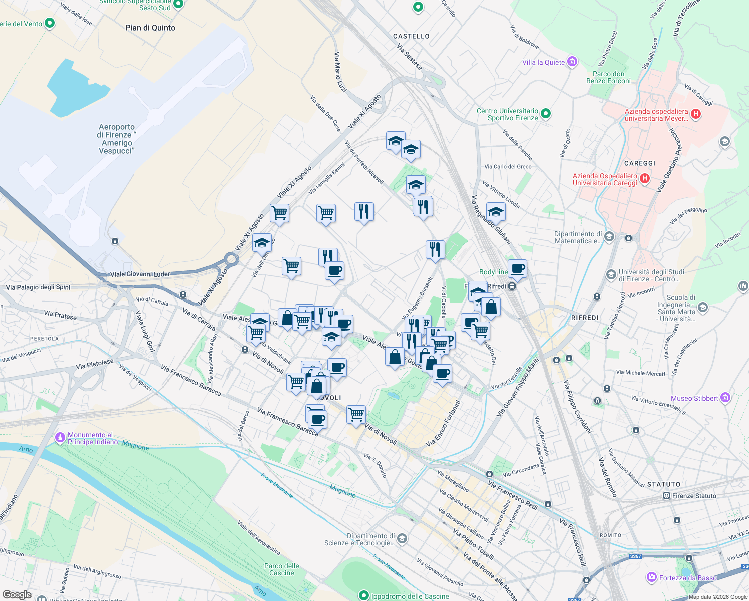 map of restaurants, bars, coffee shops, grocery stores, and more near 52 Via Giuseppe Campani in Firenze