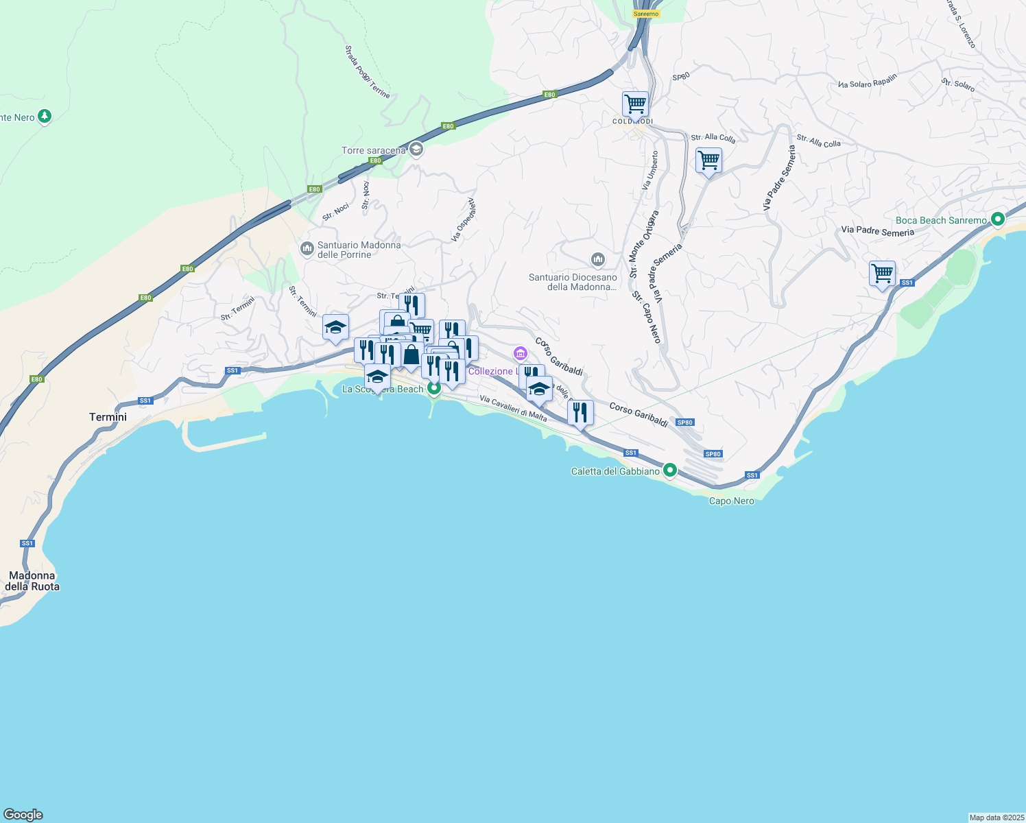 map of restaurants, bars, coffee shops, grocery stores, and more near Strada Statale 1 in Ospedaletti