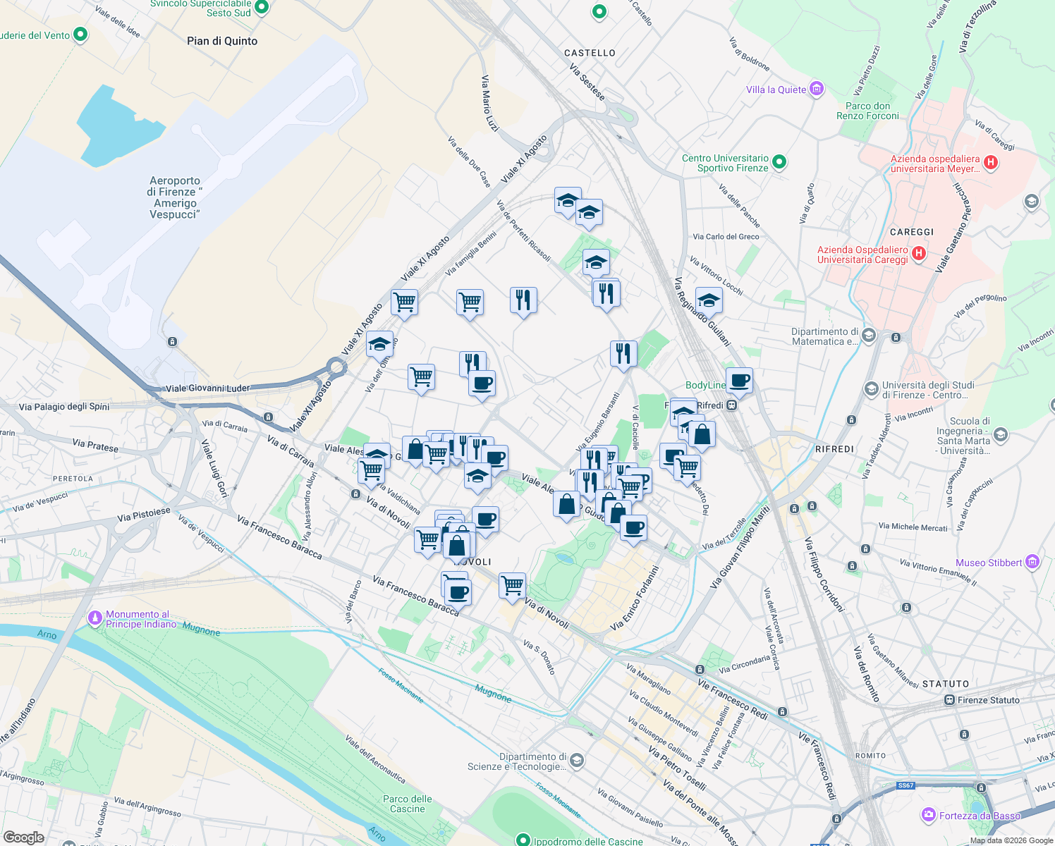 map of restaurants, bars, coffee shops, grocery stores, and more near 52 Via Giuseppe Campani in Firenze