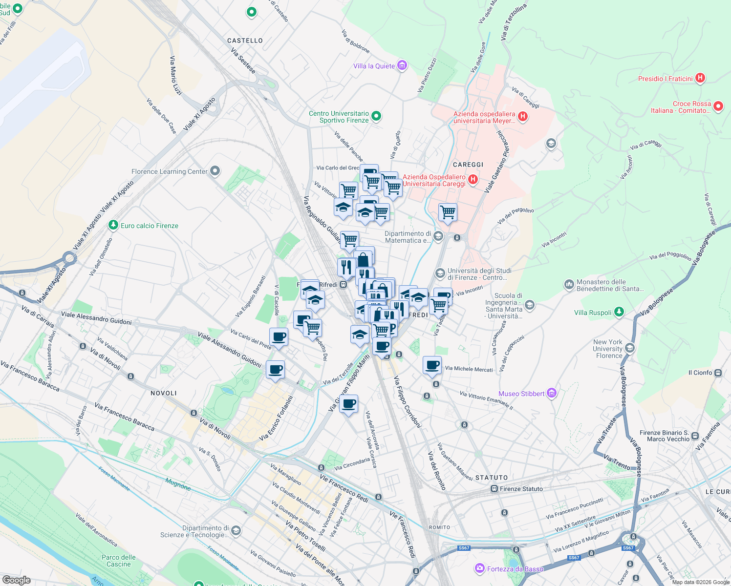 map of restaurants, bars, coffee shops, grocery stores, and more near 51 Via Reginaldo Giuliani in Firenze