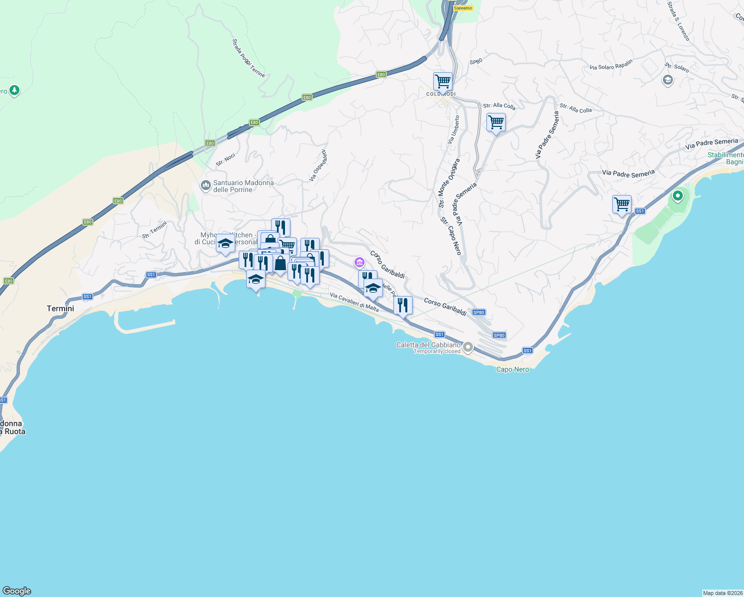 map of restaurants, bars, coffee shops, grocery stores, and more near 5 Via Camillo Benso Conte di Cavour in Ospedaletti
