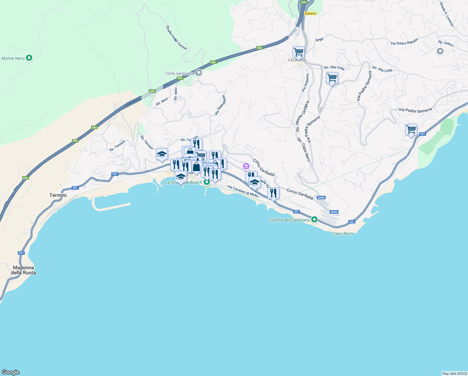 map of restaurants, bars, coffee shops, grocery stores, and more near 1 Via Cavalieri di Malta in Ospedaletti