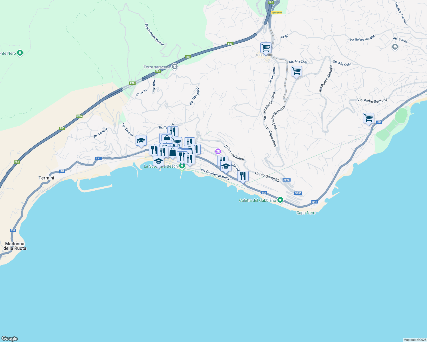 map of restaurants, bars, coffee shops, grocery stores, and more near 1 Via Cavalieri di Malta in Ospedaletti
