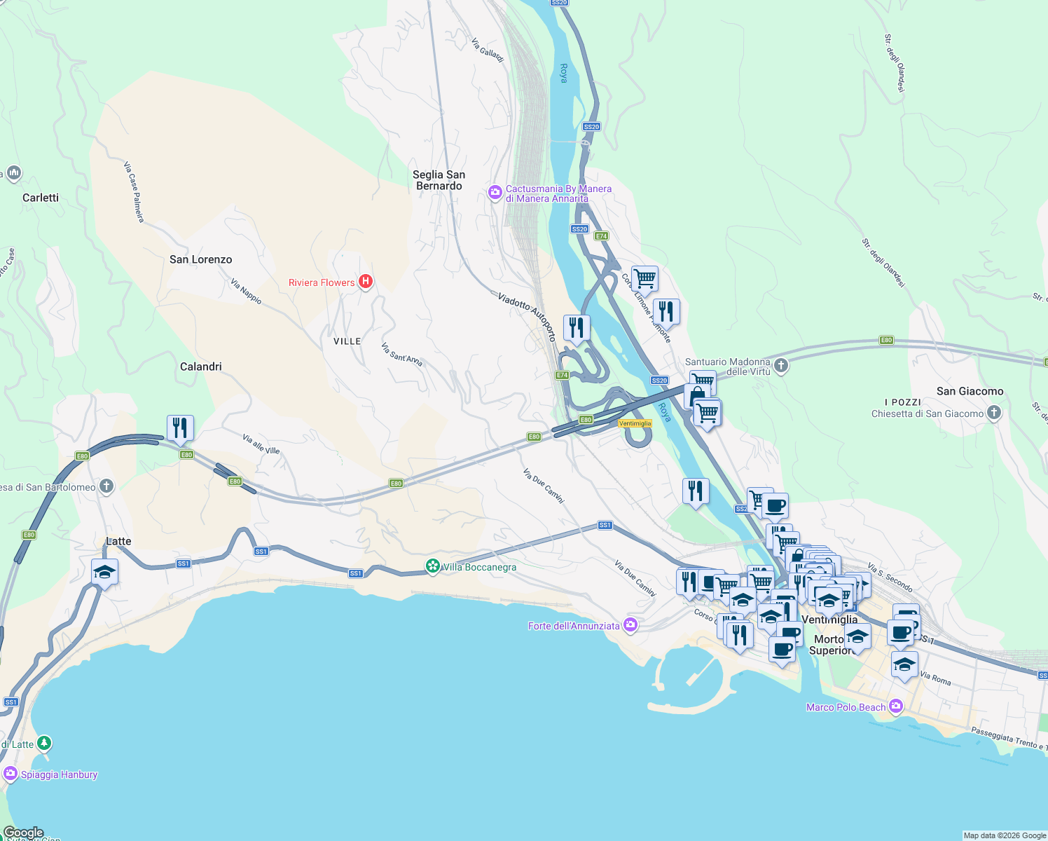 map of restaurants, bars, coffee shops, grocery stores, and more near 30 Via Sant'Anna in Ventimiglia