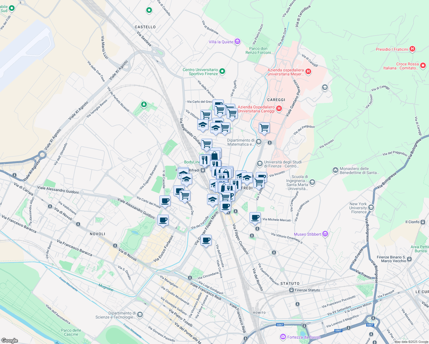map of restaurants, bars, coffee shops, grocery stores, and more near 51 Via Reginaldo Giuliani in Firenze