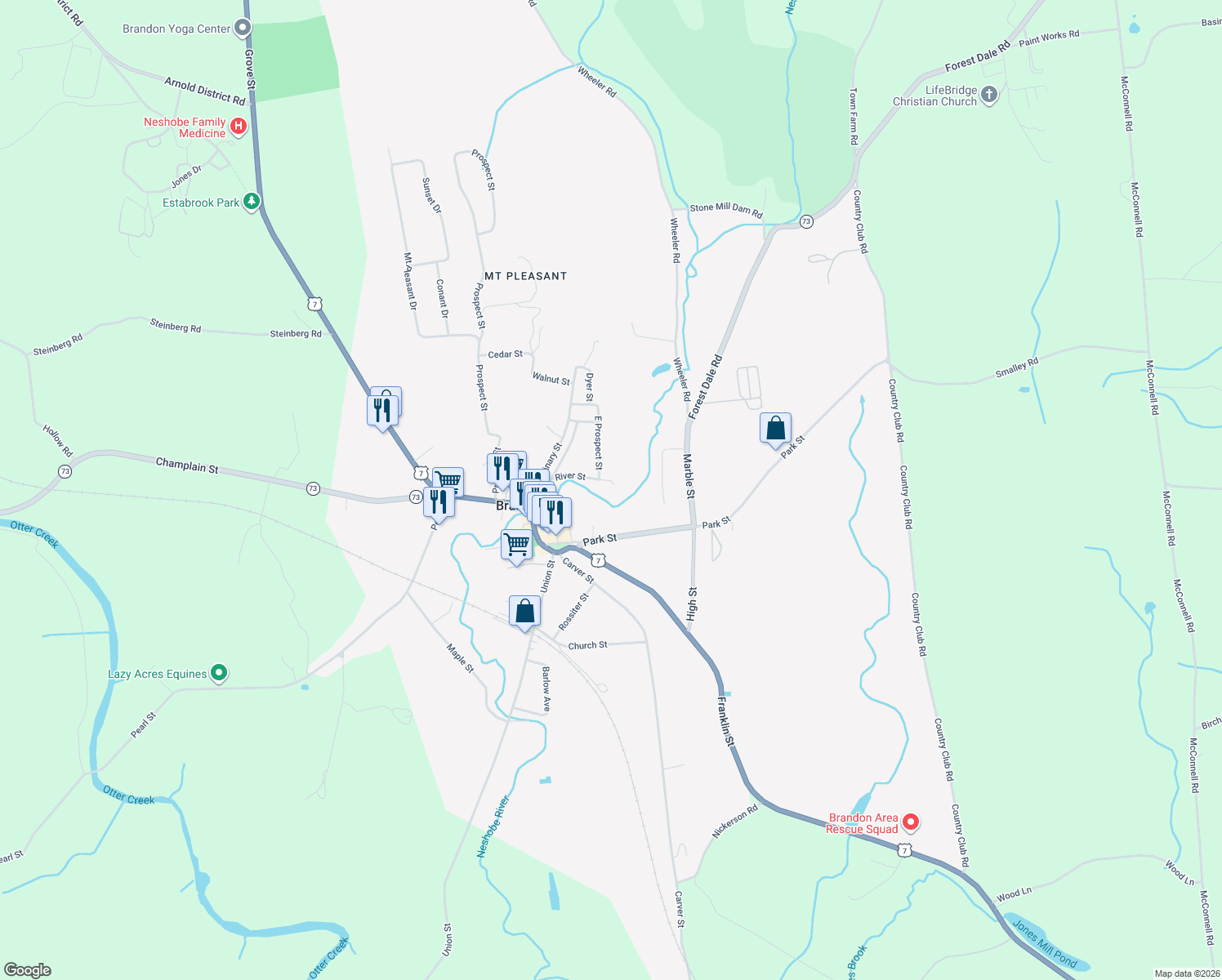 map of restaurants, bars, coffee shops, grocery stores, and more near 25 River St in Brandon