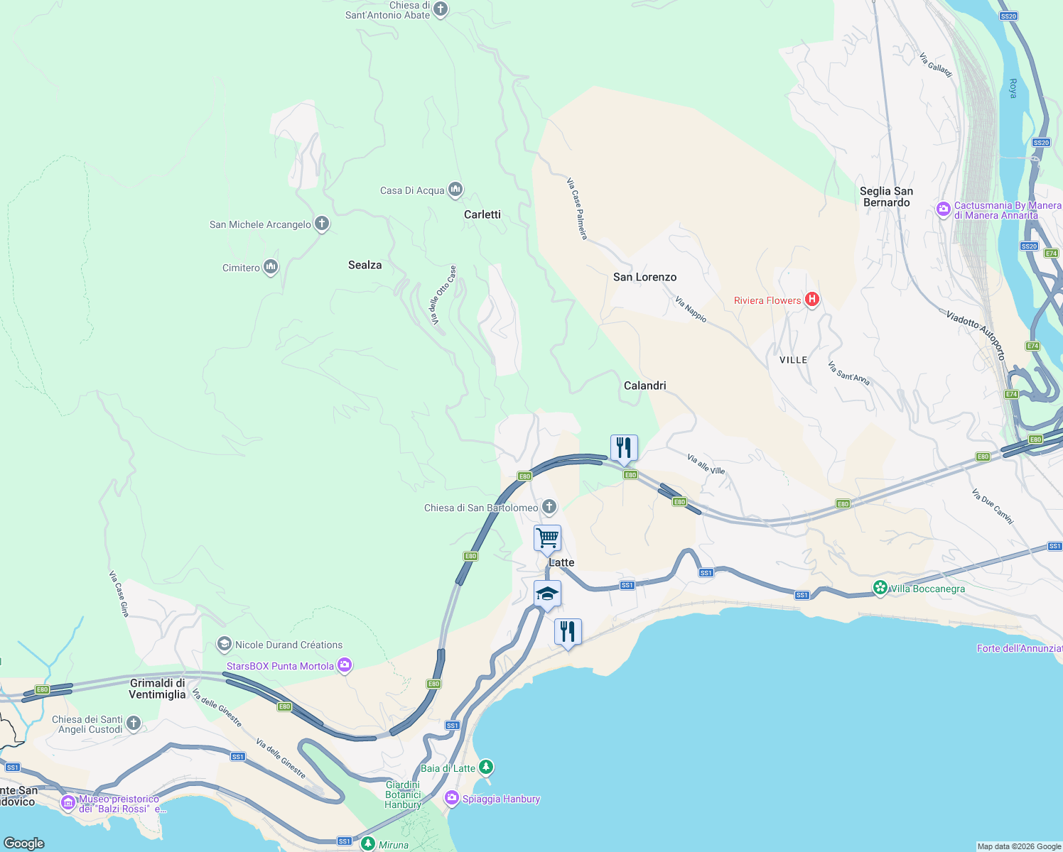 map of restaurants, bars, coffee shops, grocery stores, and more near 16 Località Casette in Latte