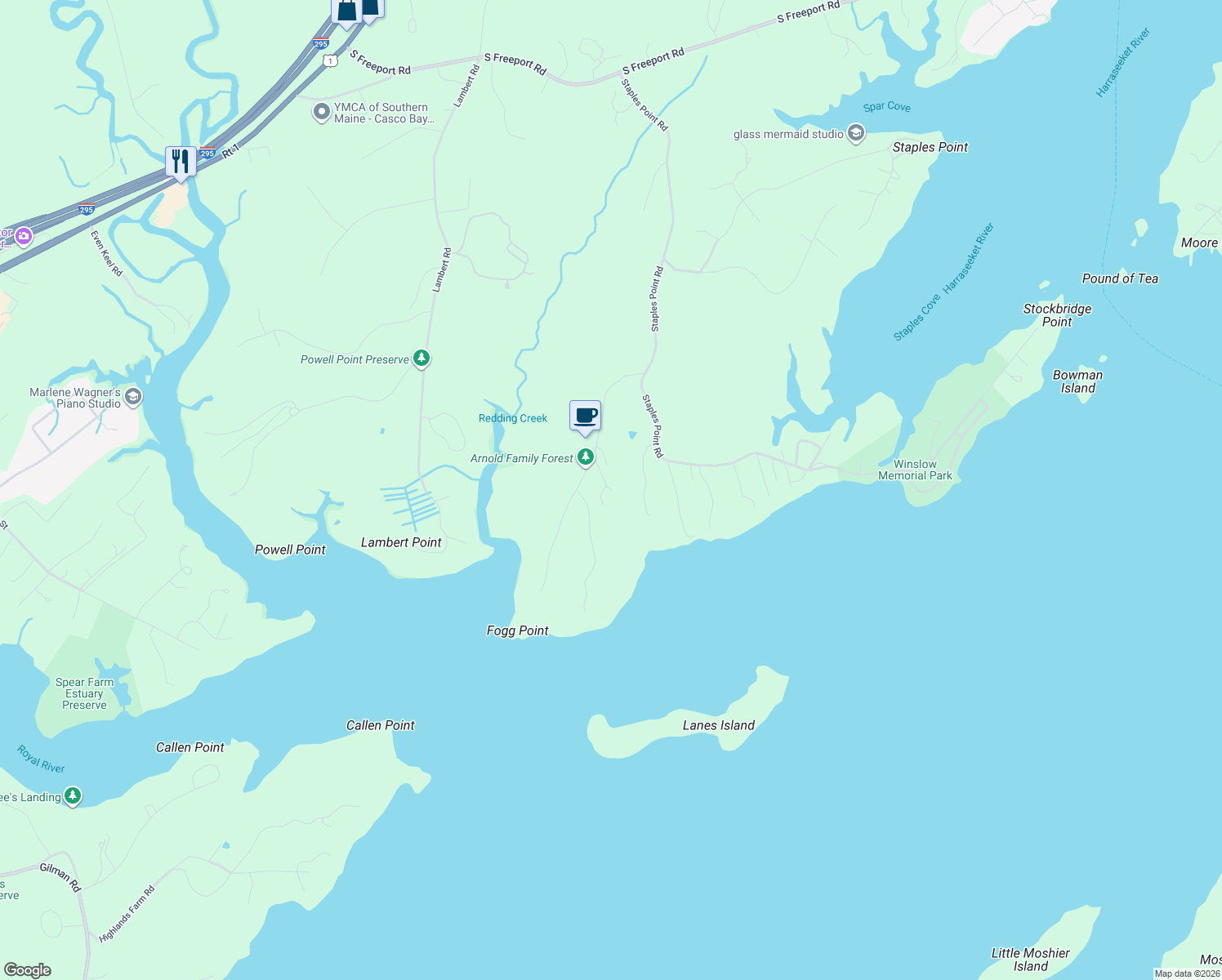 map of restaurants, bars, coffee shops, grocery stores, and more near 3 Foggs Farm Road in Freeport