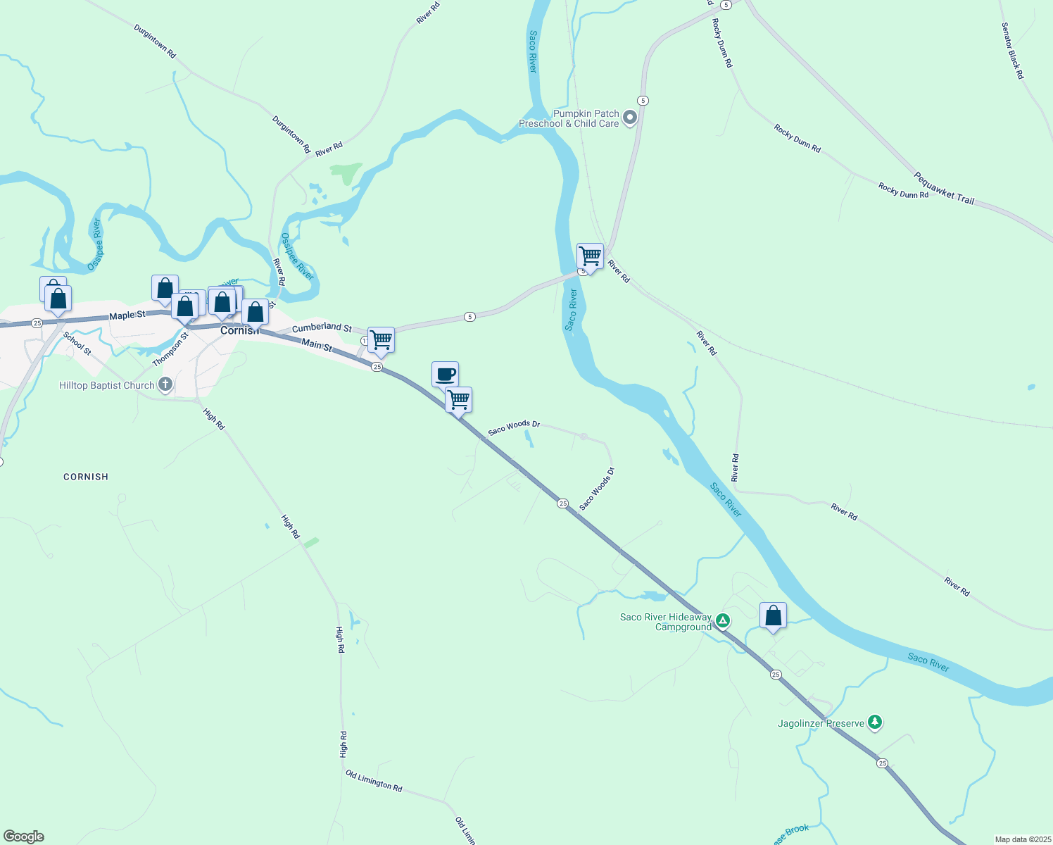 map of restaurants, bars, coffee shops, grocery stores, and more near Saco Woods Dr in Cornish