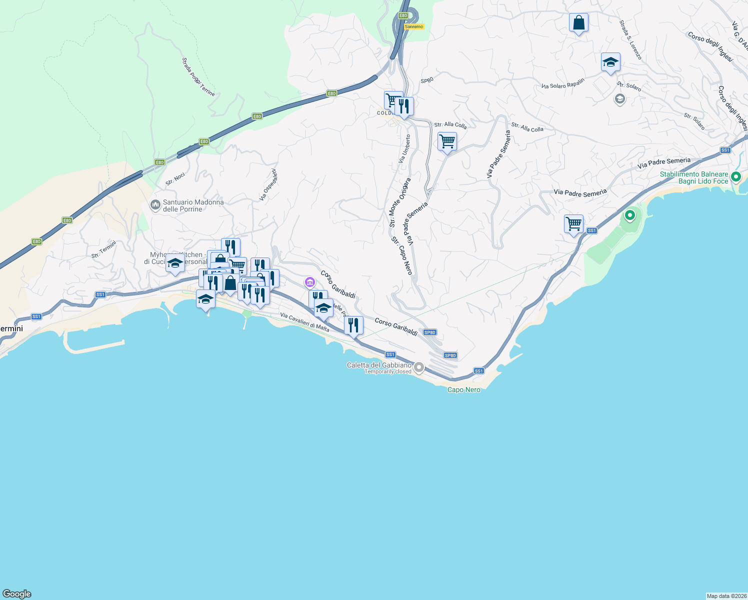 map of restaurants, bars, coffee shops, grocery stores, and more near 20 Via degli Anemoni in Ospedaletti