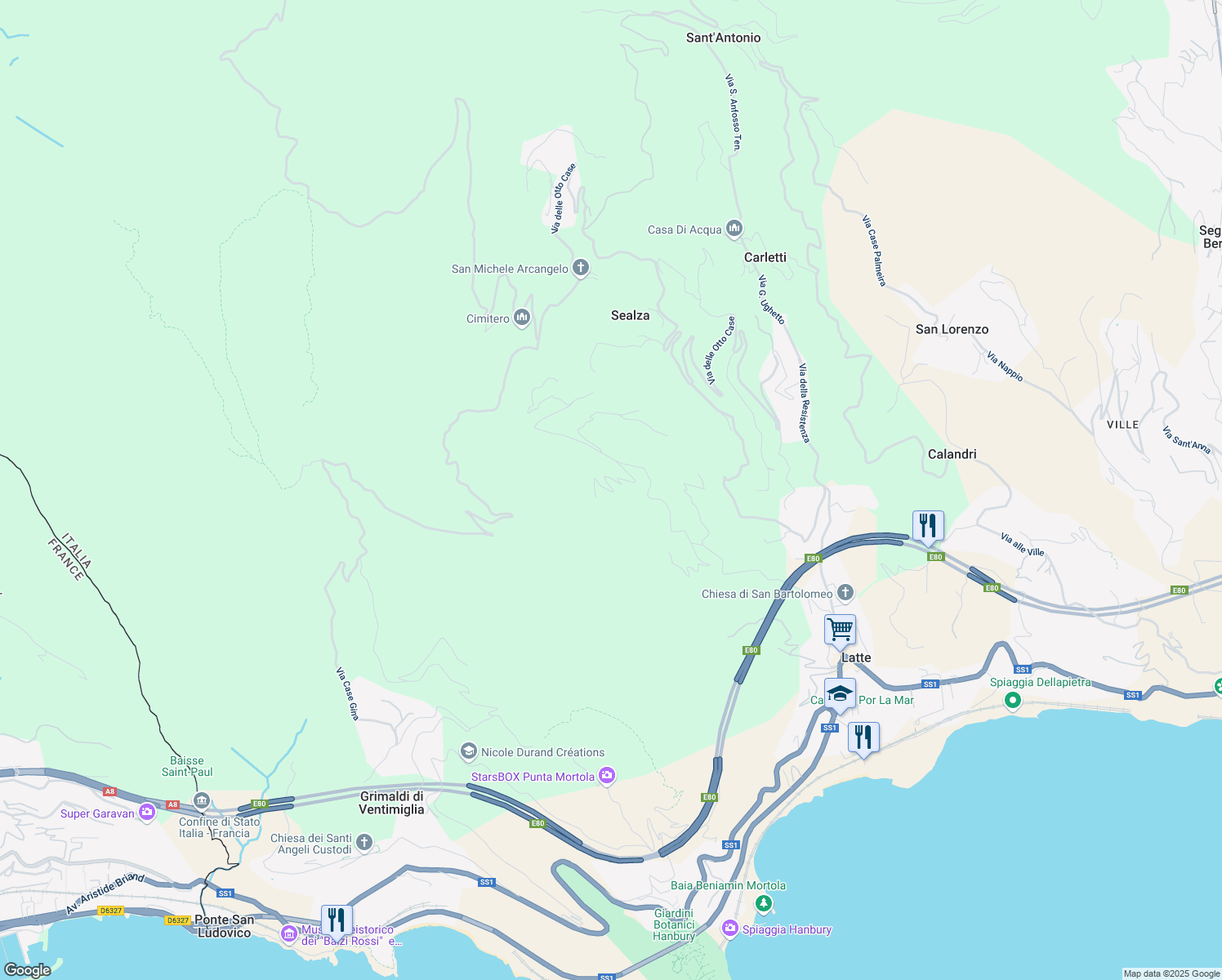 map of restaurants, bars, coffee shops, grocery stores, and more near 101A Via L. Alborno in Latte