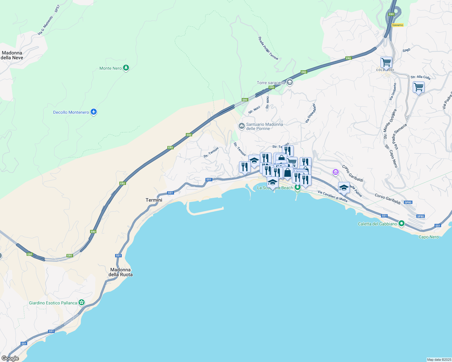 map of restaurants, bars, coffee shops, grocery stores, and more near 1 Strada Valdirodi in Ospedaletti