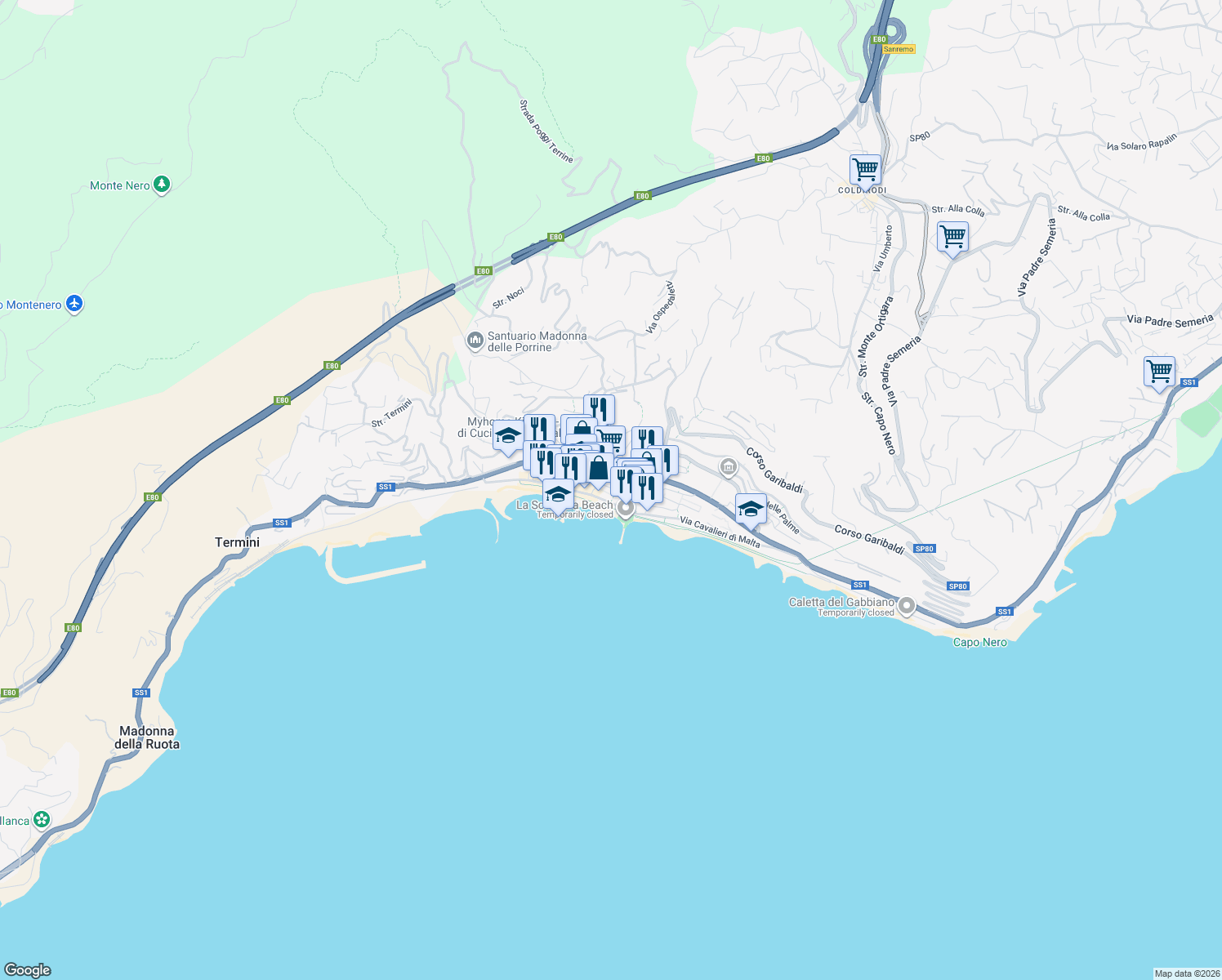 map of restaurants, bars, coffee shops, grocery stores, and more near in Ospedaletti