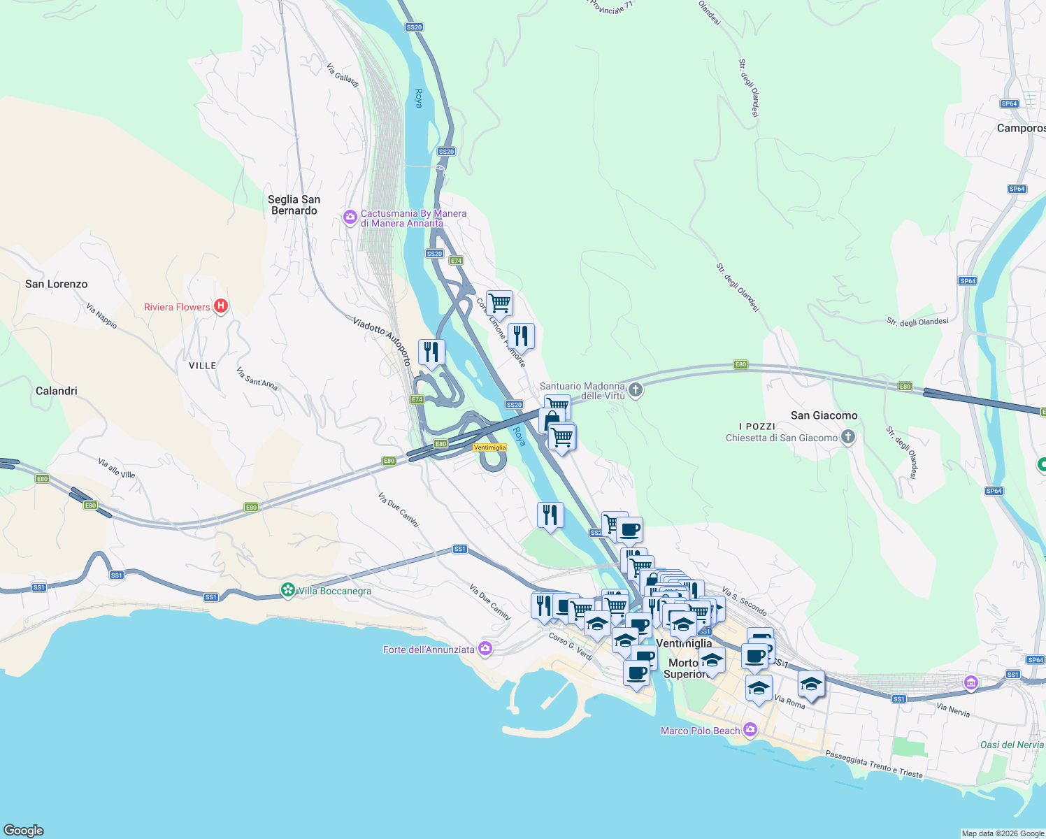 map of restaurants, bars, coffee shops, grocery stores, and more near Ponte Roya in Ventimiglia