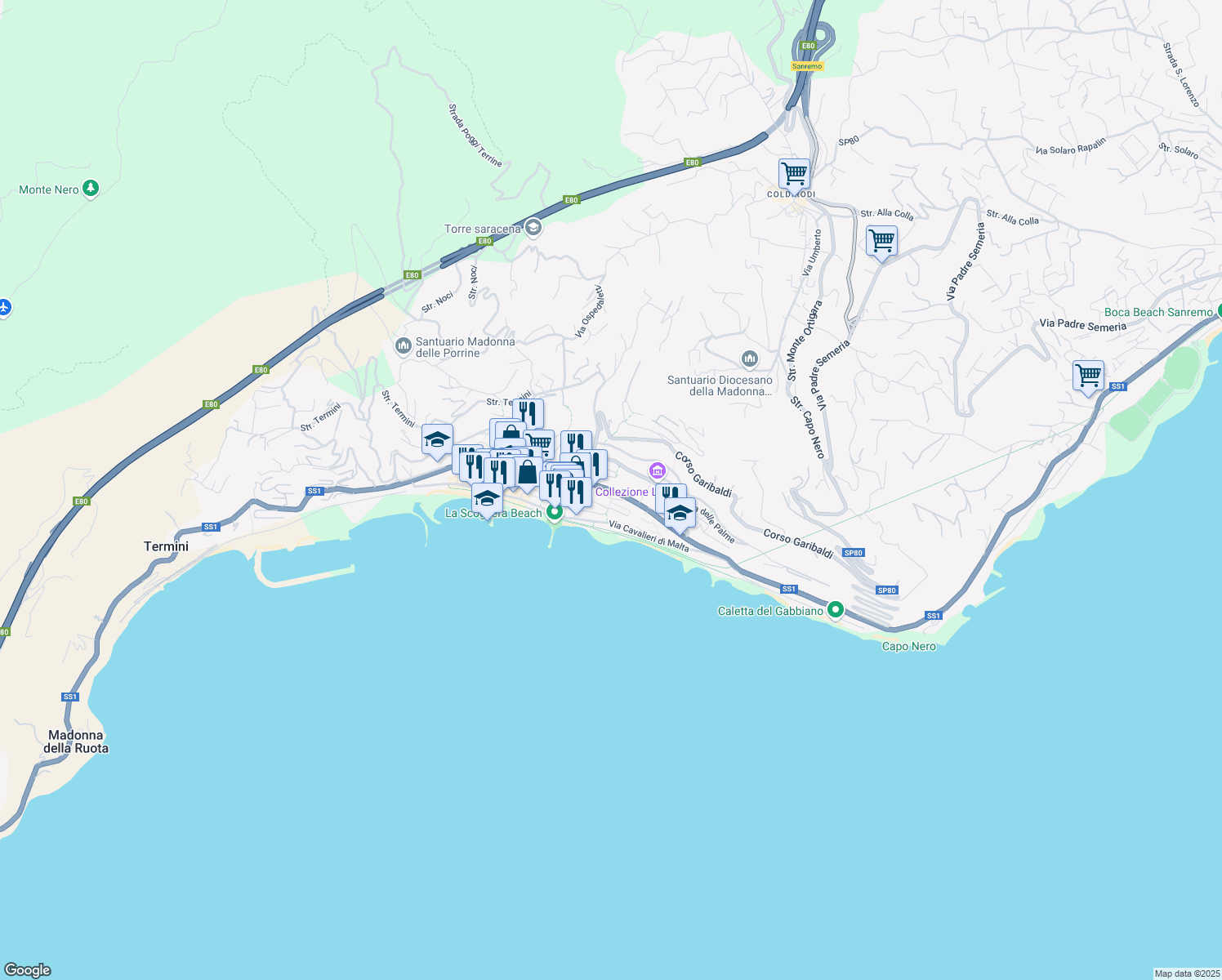 map of restaurants, bars, coffee shops, grocery stores, and more near Strada Statale 1 in Ospedaletti