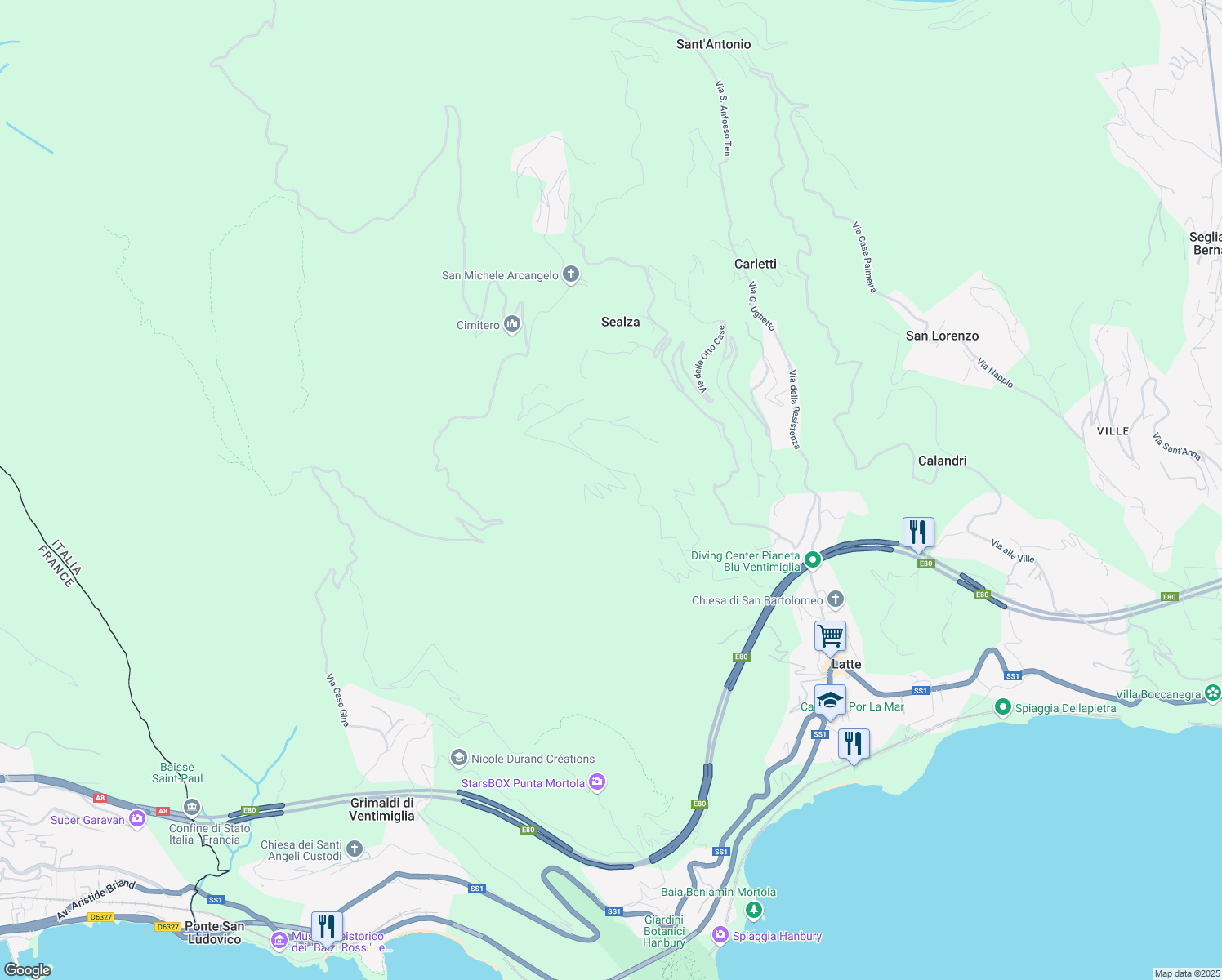 map of restaurants, bars, coffee shops, grocery stores, and more near 101A Via L. Alborno in Latte