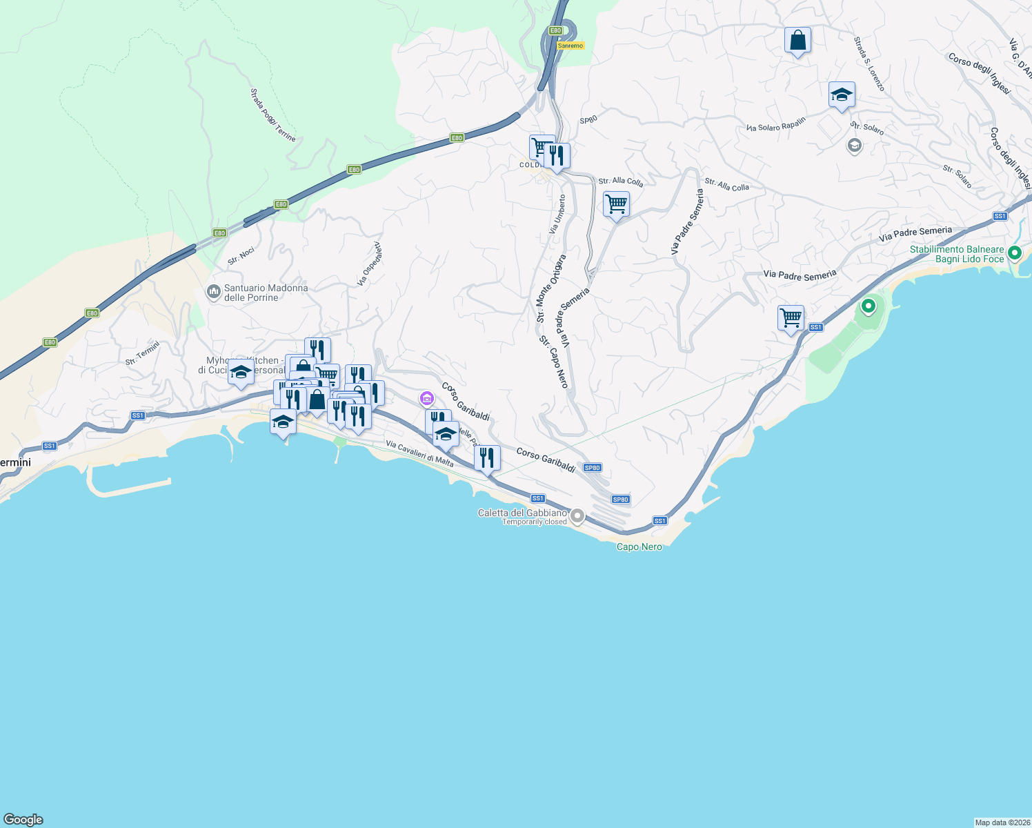 map of restaurants, bars, coffee shops, grocery stores, and more near 20 Via degli Anemoni in Ospedaletti