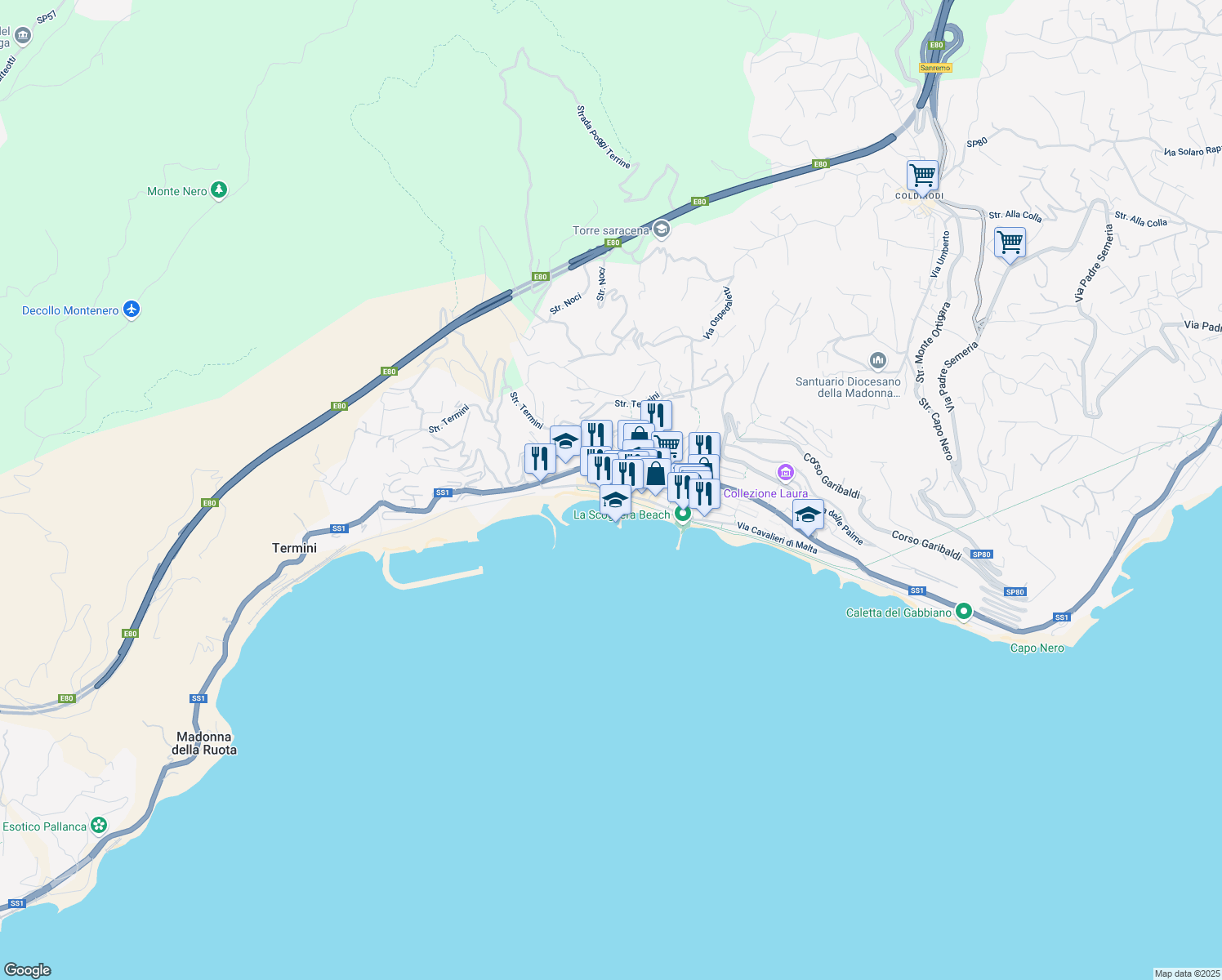 map of restaurants, bars, coffee shops, grocery stores, and more near 101 Via XX Settembre in Ospedaletti