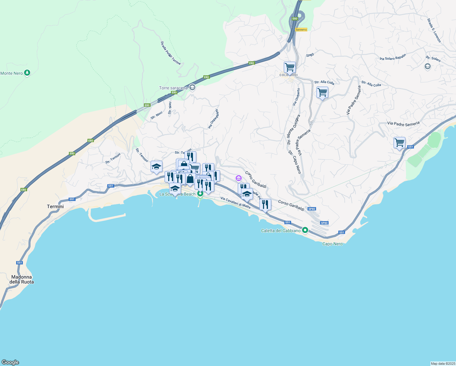 map of restaurants, bars, coffee shops, grocery stores, and more near 15 Corso Regina Margherita in Ospedaletti