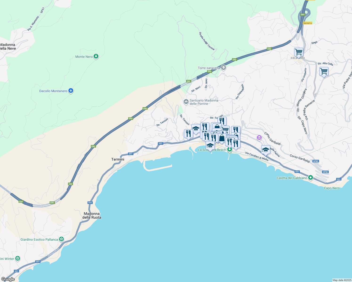 map of restaurants, bars, coffee shops, grocery stores, and more near 1 Strada Valdirodi in Ospedaletti