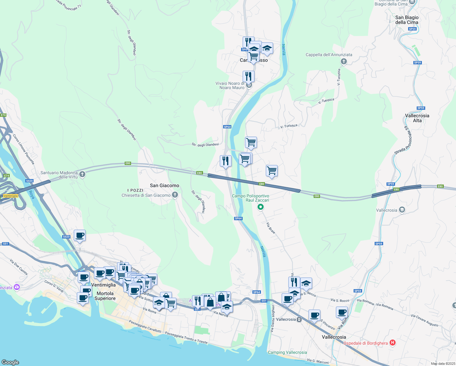 map of restaurants, bars, coffee shops, grocery stores, and more near 120 Corso della Repubblica in Camporosso