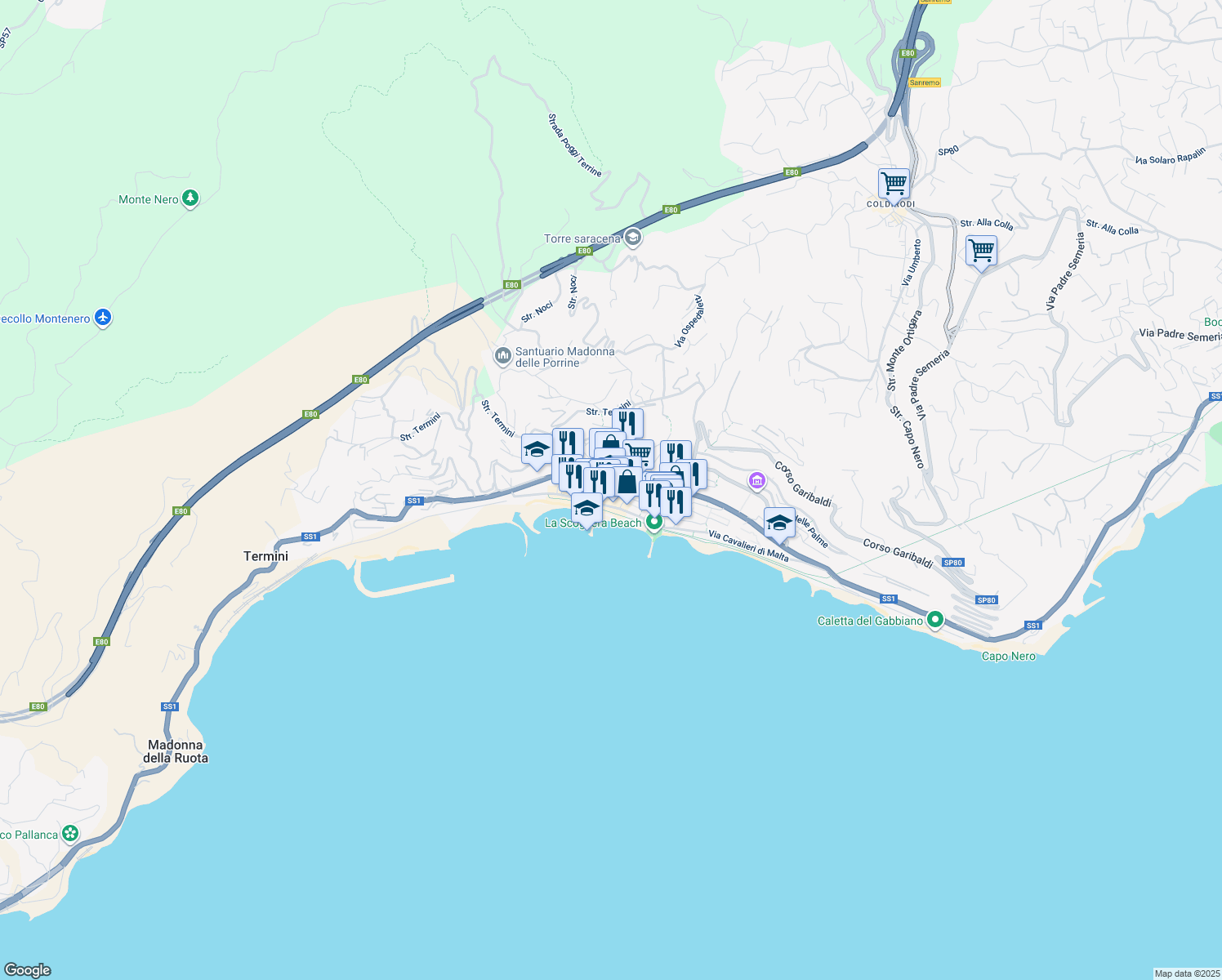 map of restaurants, bars, coffee shops, grocery stores, and more near 13 Via Angela Ascenzo in Ospedaletti