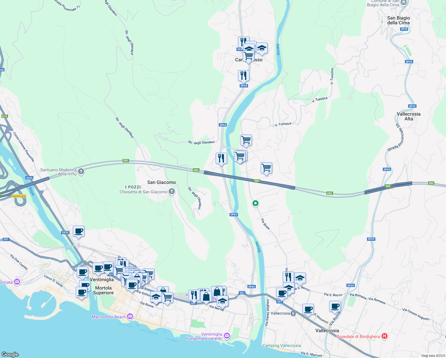 map of restaurants, bars, coffee shops, grocery stores, and more near 120 Corso della Repubblica in Camporosso