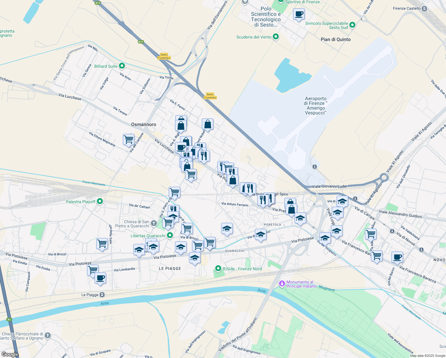 map of restaurants, bars, coffee shops, grocery stores, and more near 107 Via Pratese in Florence