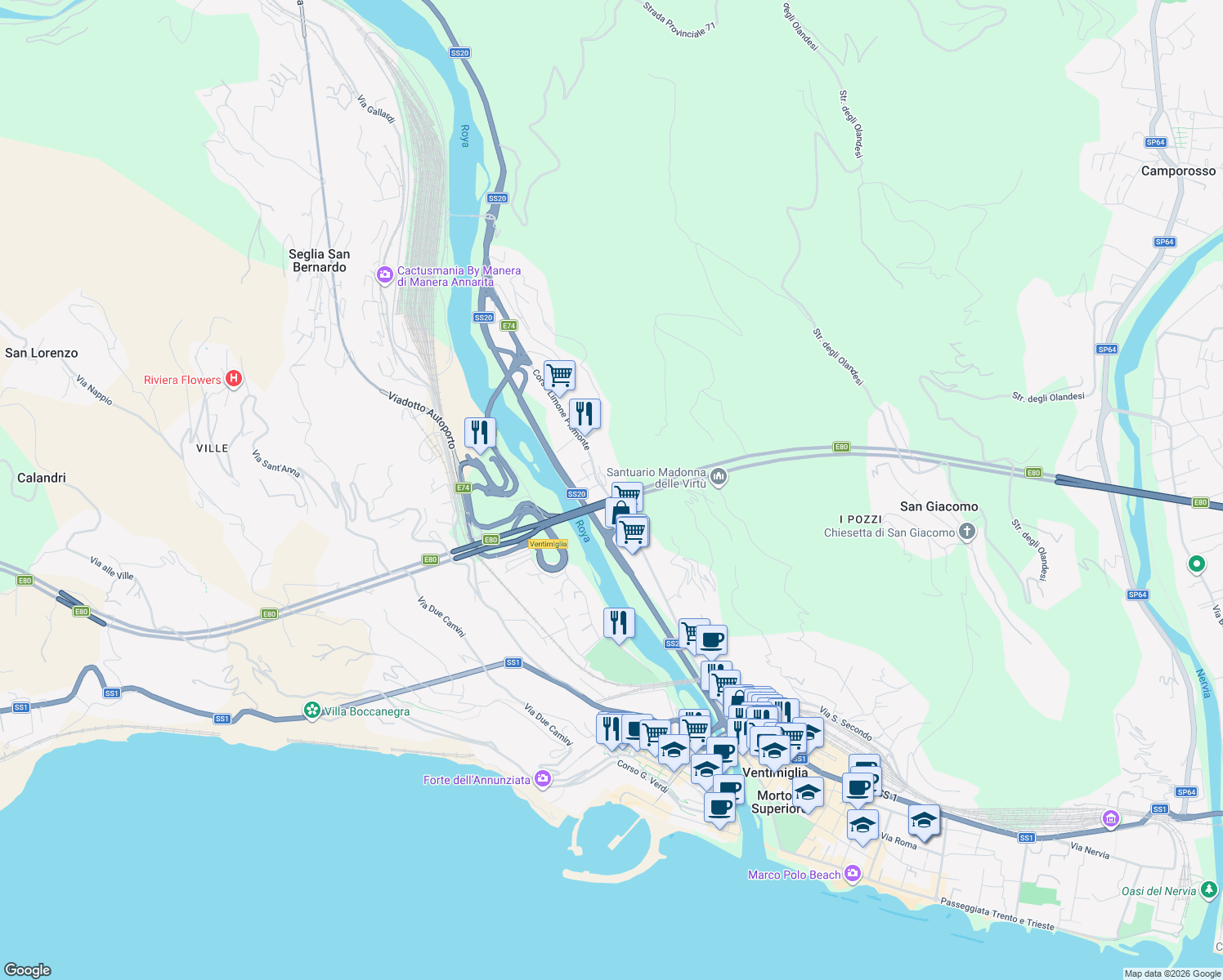 map of restaurants, bars, coffee shops, grocery stores, and more near Via Tenda in Ventimiglia