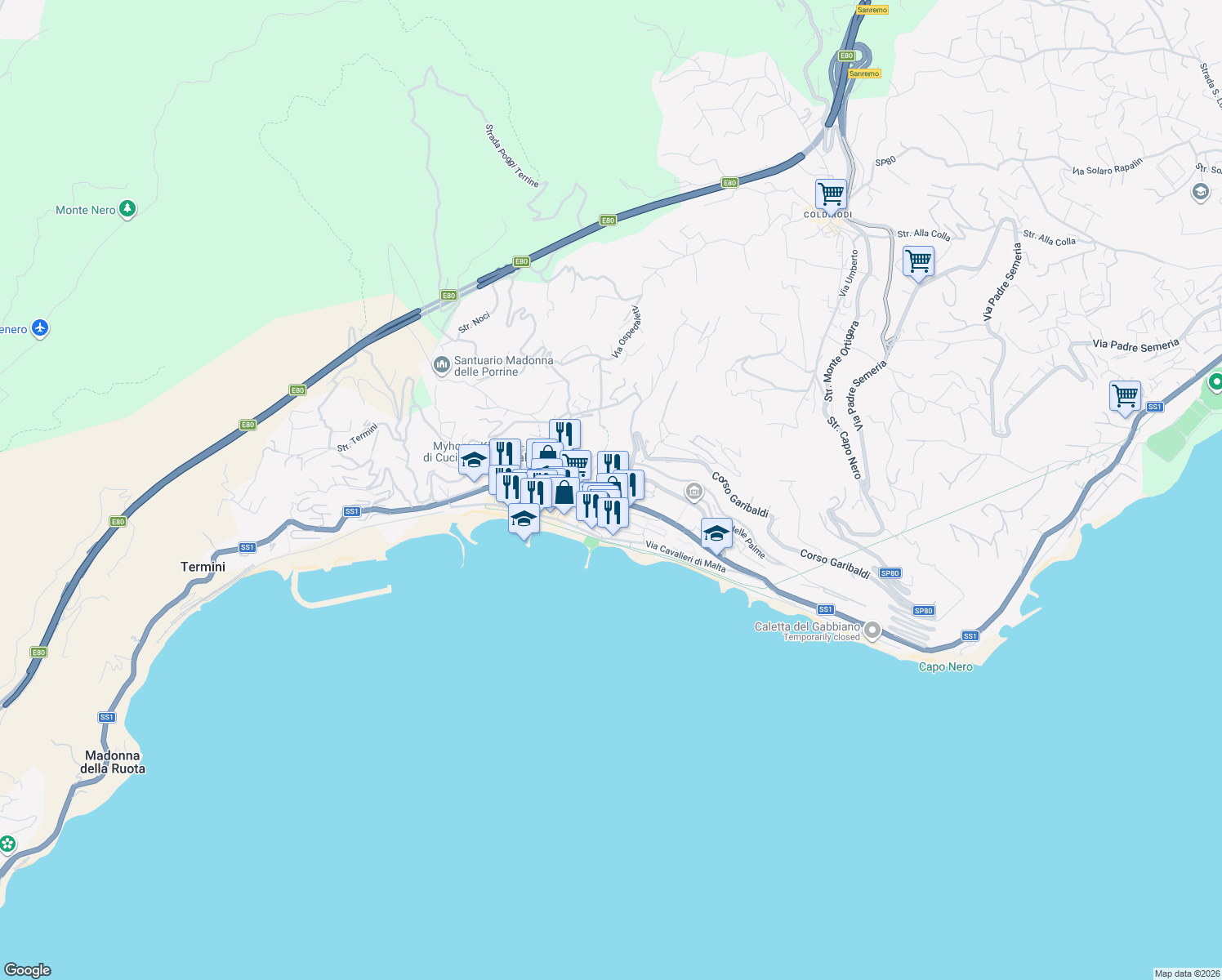 map of restaurants, bars, coffee shops, grocery stores, and more near 4 Via della Noria in Ospedaletti