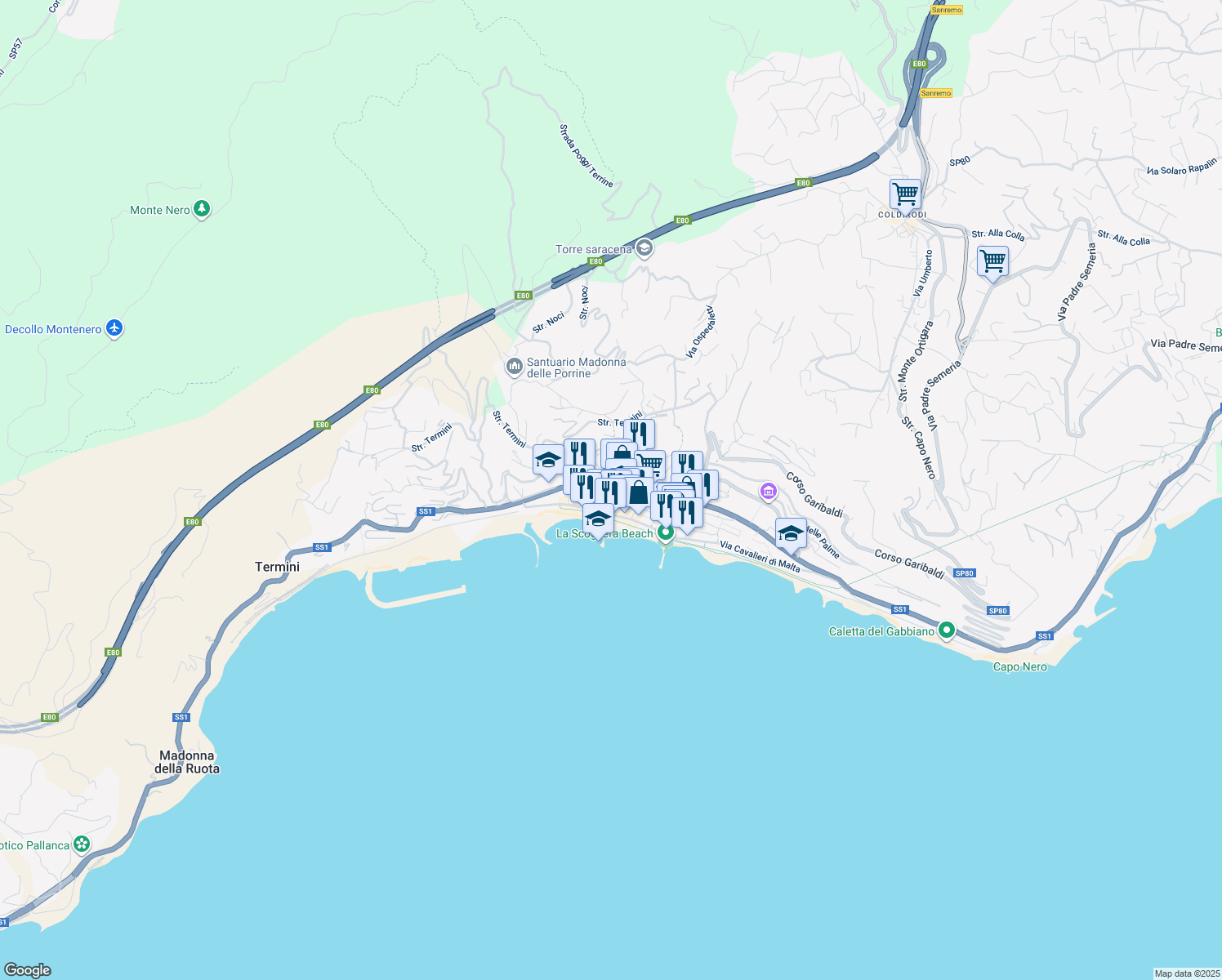 map of restaurants, bars, coffee shops, grocery stores, and more near 13 Via Angela Ascenzo in Ospedaletti