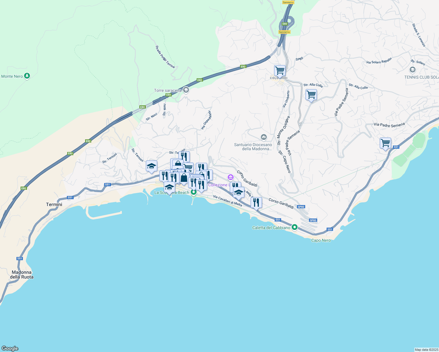 map of restaurants, bars, coffee shops, grocery stores, and more near 15 Corso Regina Margherita in Ospedaletti