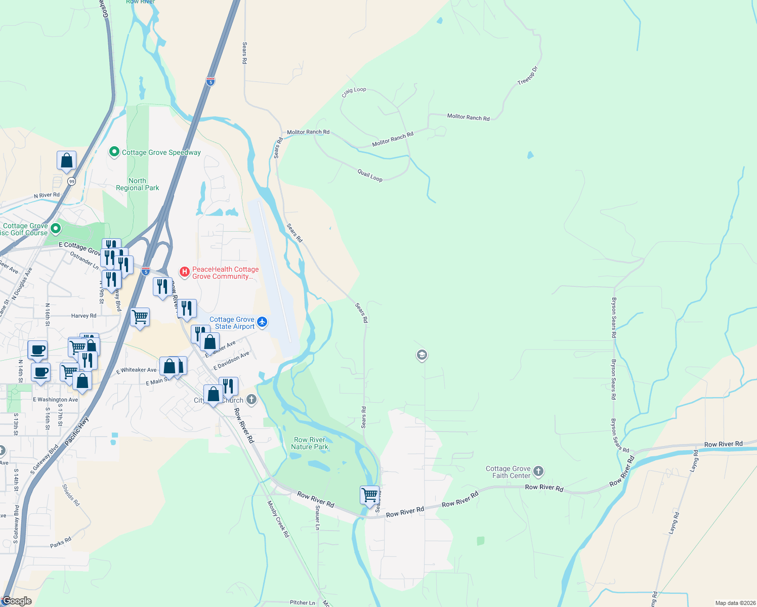 map of restaurants, bars, coffee shops, grocery stores, and more near 78783 Sears Road in Cottage Grove