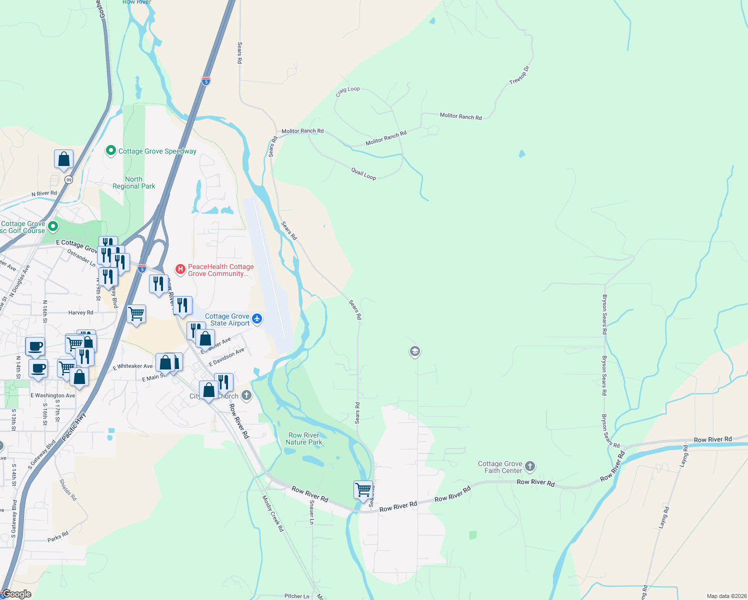 map of restaurants, bars, coffee shops, grocery stores, and more near 78783 Sears Road in Cottage Grove