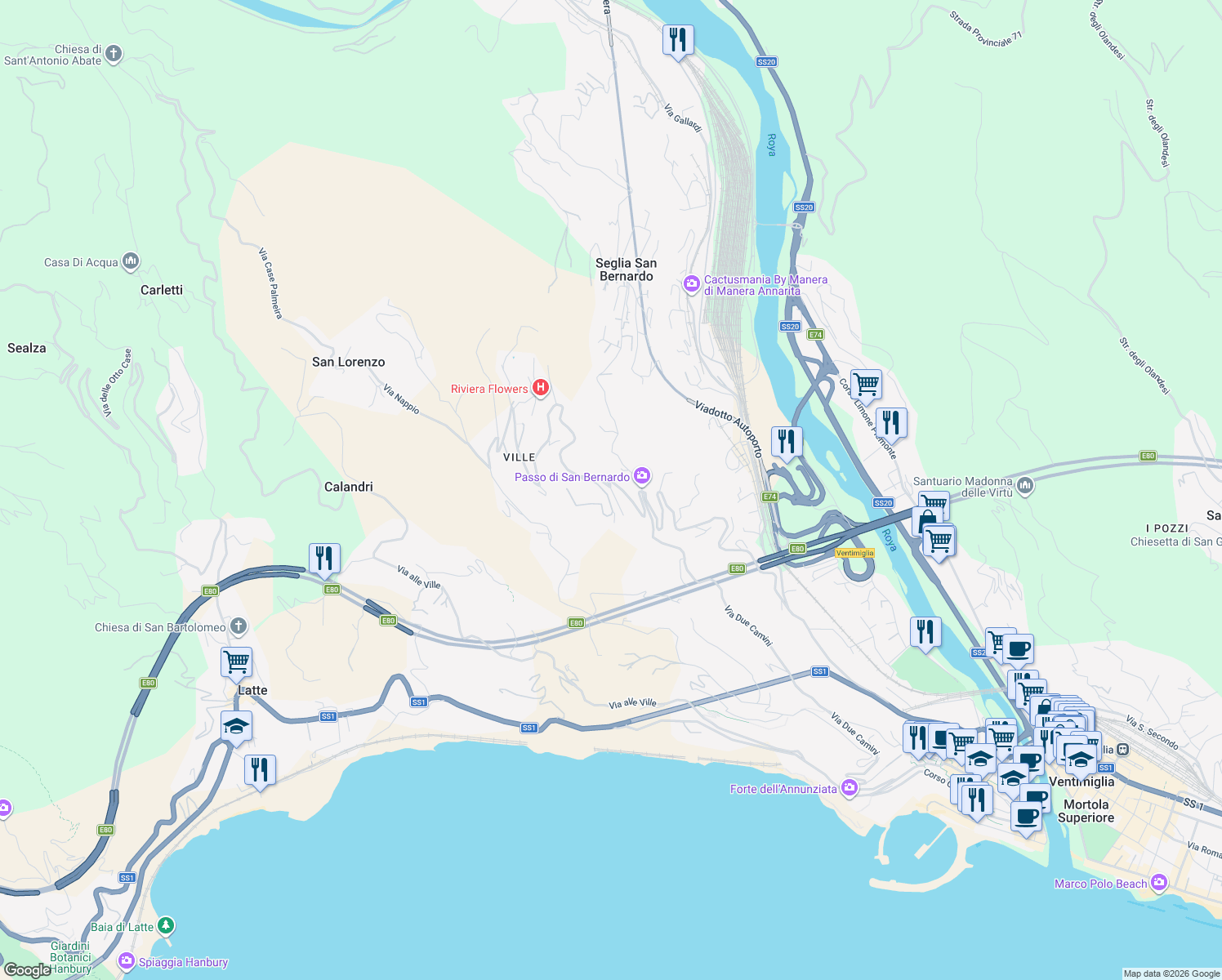map of restaurants, bars, coffee shops, grocery stores, and more near 82 Via Sant'Anna in Ventimiglia