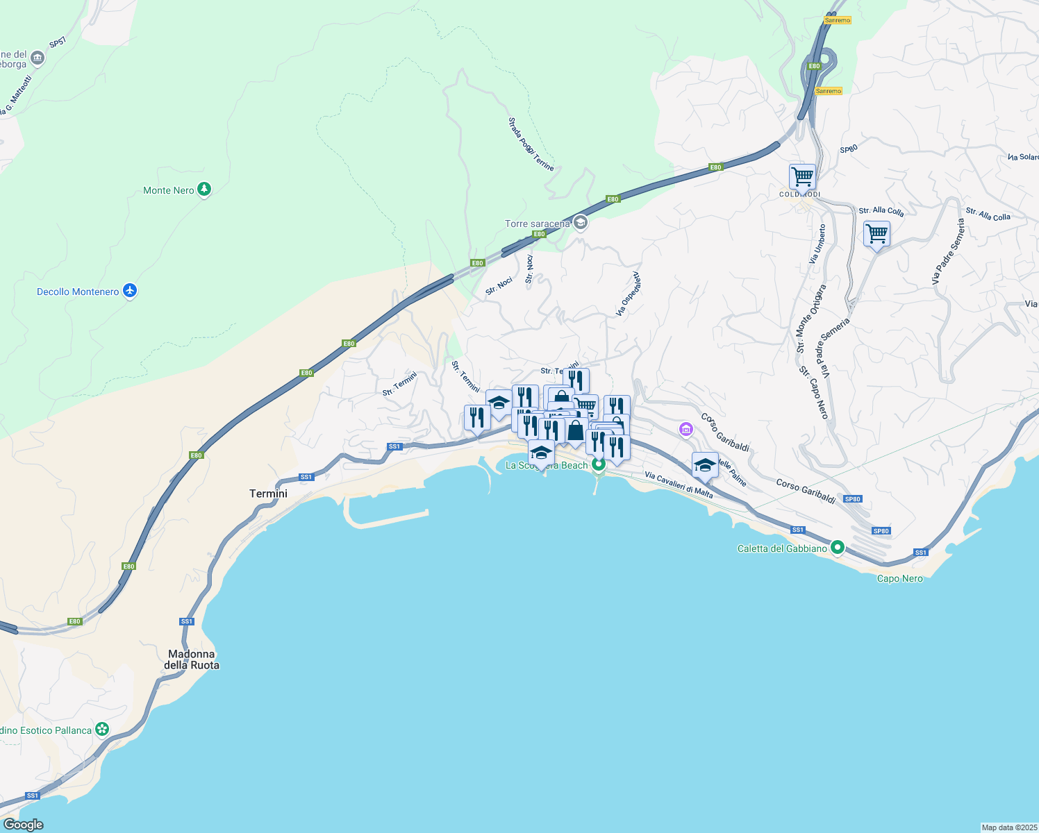 map of restaurants, bars, coffee shops, grocery stores, and more near 42-46 Corso Marconi in Ospedaletti