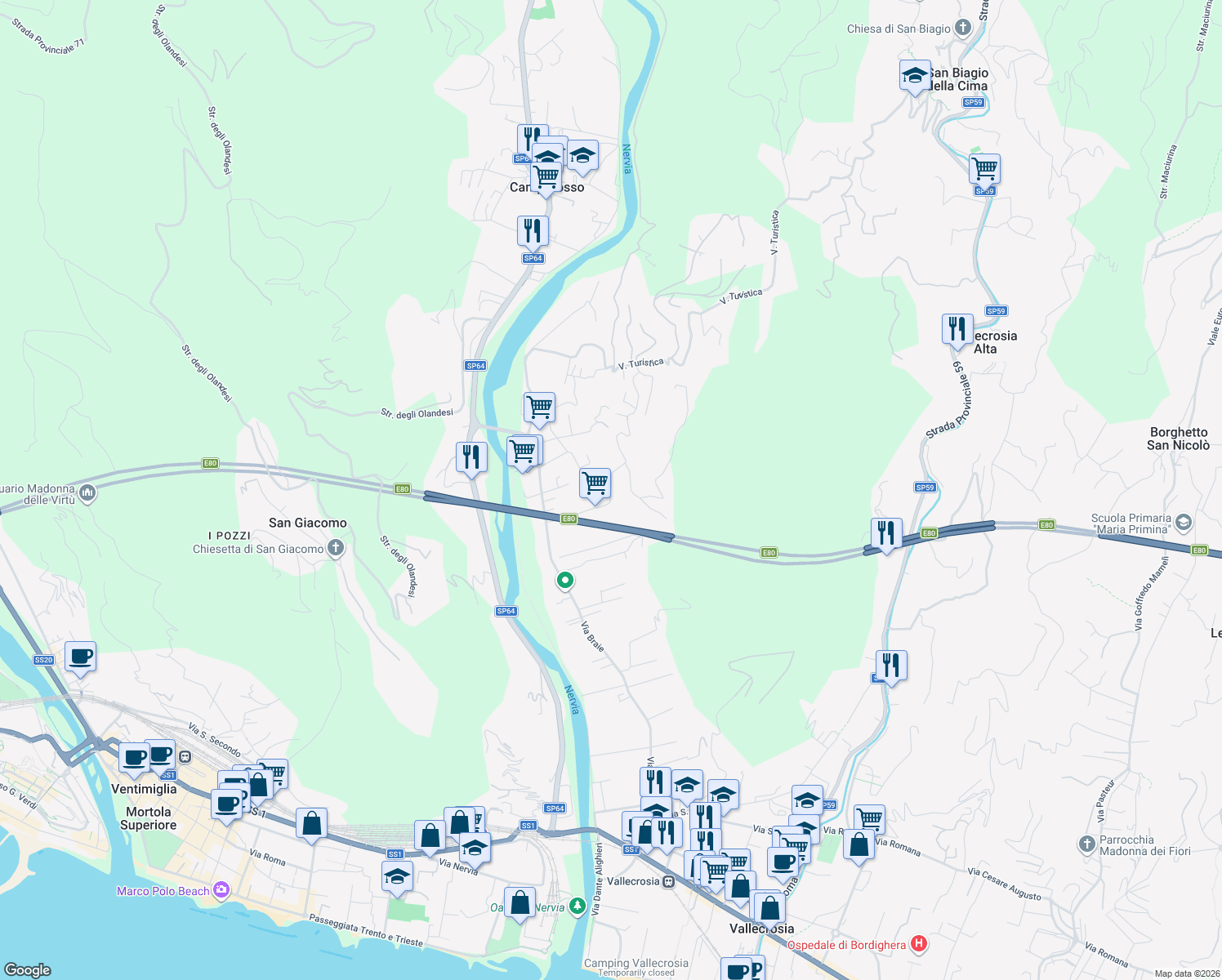 map of restaurants, bars, coffee shops, grocery stores, and more near 35 Via Oberto D'oria in Camporosso