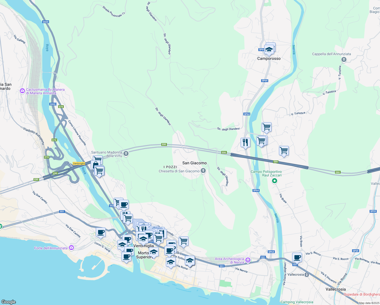 map of restaurants, bars, coffee shops, grocery stores, and more near 250 Strada degli Olandesi in Camporosso