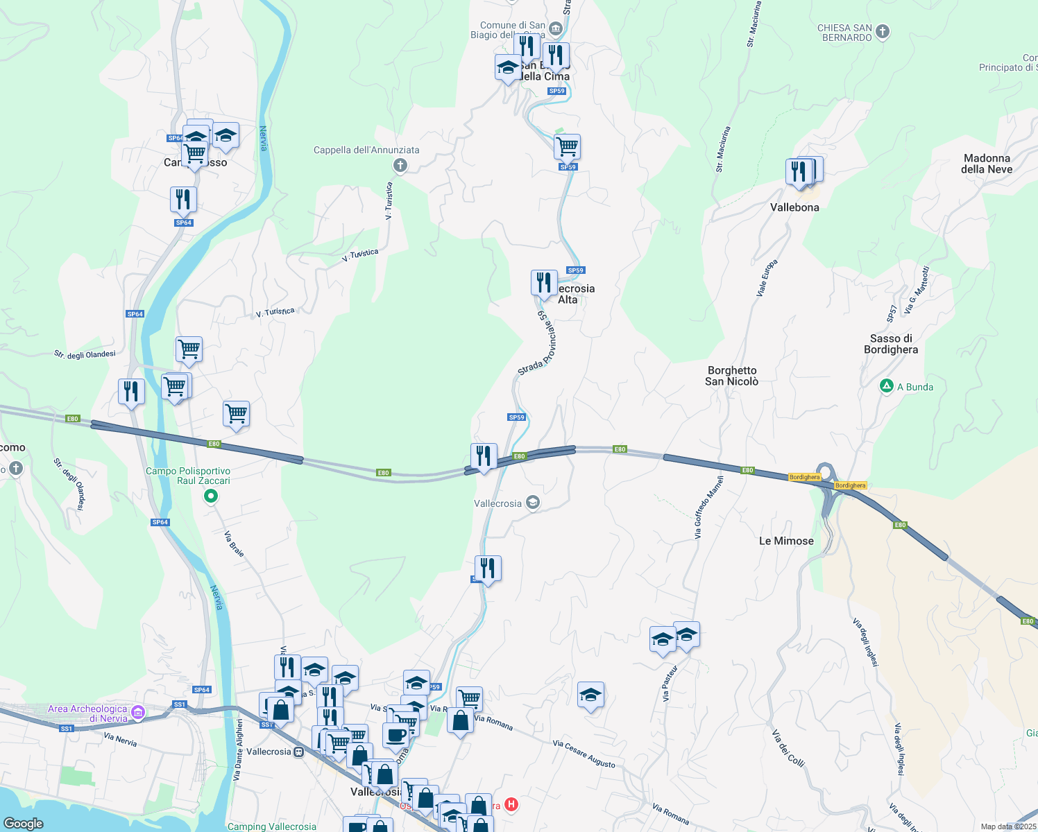map of restaurants, bars, coffee shops, grocery stores, and more near 80 SP59 in Provincia di Imperia